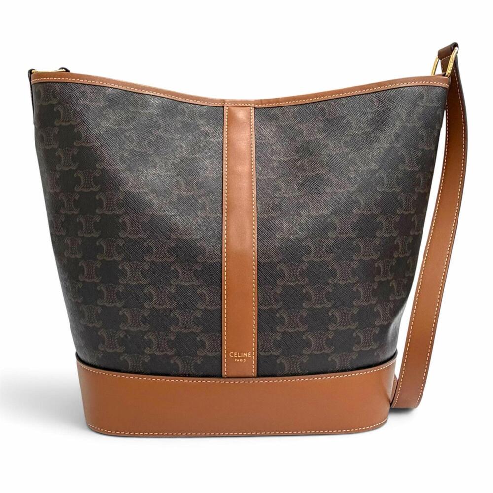 CELINE 19113 Medium Bucket Triomphe Canvas Calfskin Tan Shoulder Bag Brown Ma...